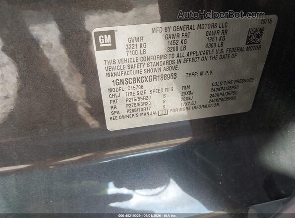1GNSCBKCXGR188963 2016 CHEVROLET TAHOE Gray Vista del compartimento del motor
