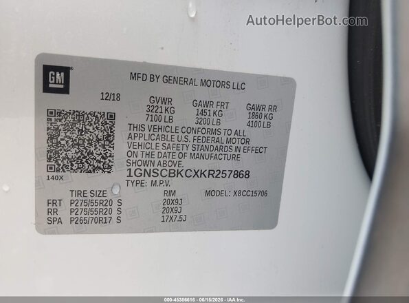 1GNSCBKCXKR257868 2019 CHEVROLET TAHOE White 