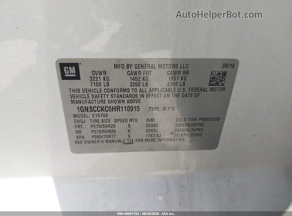 1GNSCCKC6HR110915 2017 CHEVROLET TAHOE Белый Вид подкапотного пространства