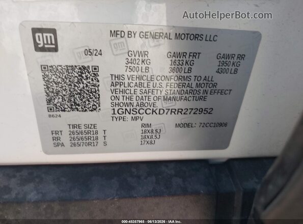 1GNSCCKD7RR272952 2024 CHEVROLET SUBURBAN White Widok komory silnika