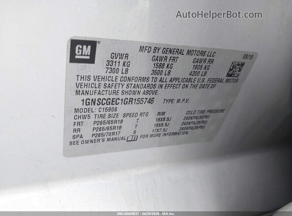 1GNSCGEC1GR155746 2016 CHEVROLET SUBURBAN Black Շարժիչի բաժամունքի տեսք