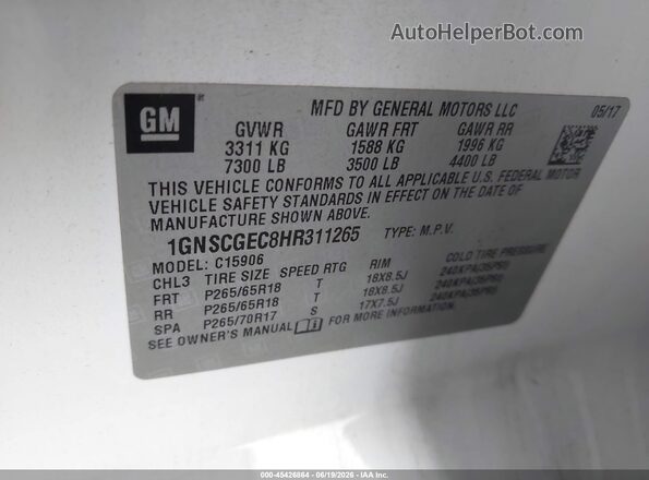 1GNSCGEC8HR311265 2017 CHEVROLET SUBURBAN White Widok komory silnika