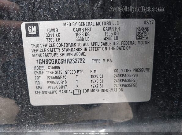 1GNSCGKC6HR232732 2017 CHEVROLET SUBURBAN Black Вид підкапотного простору