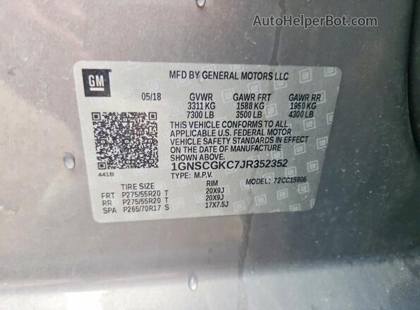 1GNSCGKC7JR352352 2018 CHEVROLET SUBURBAN Gray Vista de la etiqueta del VIN