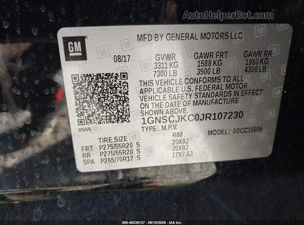 1GNSCJKC0JR107230 2018 CHEVROLET SUBURBAN Black 