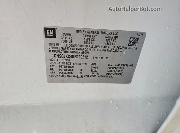 1GNSCJKC4GR229212 2016 CHEVROLET SUBURBAN White VIN კოდის სტიკერის ხედი