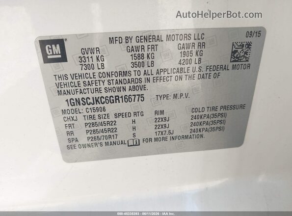 1GNSCJKC6GR166775 2016 CHEVROLET SUBURBAN White Vista del compartimento del motor