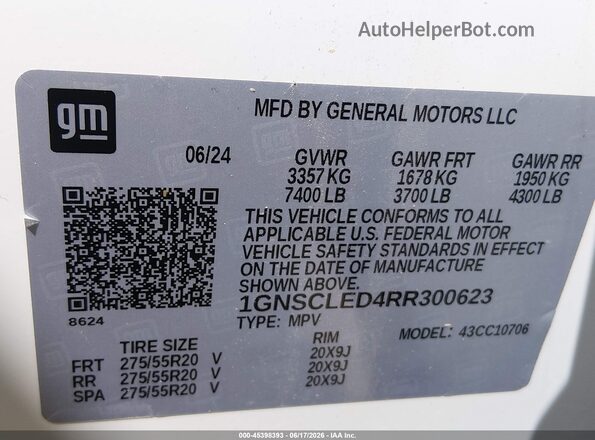 1GNSCLED4RR300623 2024 CHEVROLET TAHOE White 