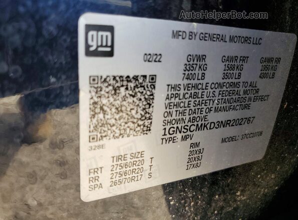 1GNSCMKD3NR202767 2022 CHEVROLET TAHOE Black VIN կոդի պիտակի տեսք