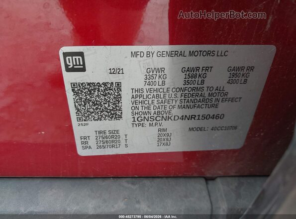 1GNSCNKD4NR150460 2022 CHEVROLET TAHOE Red Շարժիչի բաժամունքի տեսք