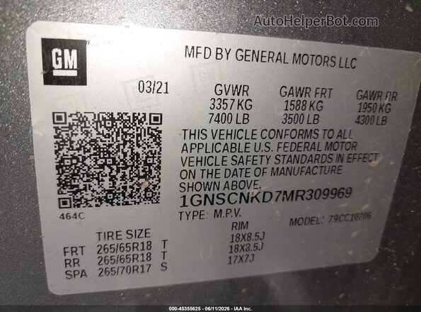 1GNSCNKD7MR309969 2021 CHEVROLET TAHOE Gray Вид підкапотного простору