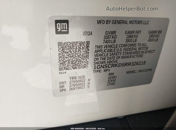 1GNSCRKD5RR326218 2024 CHEVROLET TAHOE White Widok komory silnika