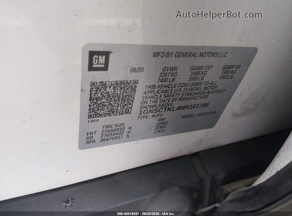 1GNSCTKL4MR101785 2021 CHEVROLET TAHOE White Vista del compartimento del motor