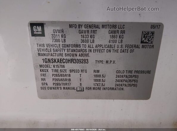 1GNSKAEC0HR309283 2017 CHEVROLET TAHOE Белый 
