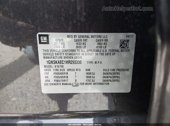 1GNSKAEC1HR293336 2017 CHEVROLET TAHOE Black ძრავის განყოფილების ხედი