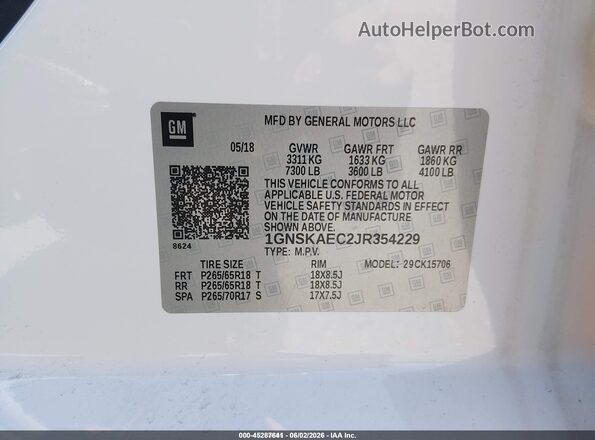 1GNSKAEC2JR354229 2018 CHEVROLET TAHOE White Вид підкапотного простору