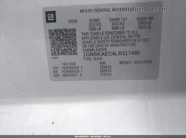 1GNSKAEC4LR117485 2020 CHEVROLET TAHOE Silver Widok komory silnika