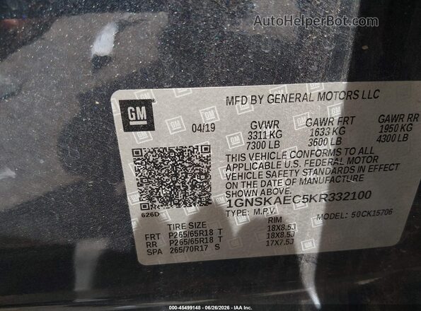 1GNSKAEC5KR332100 2019 CHEVROLET TAHOE Blue Vista del compartimento del motor