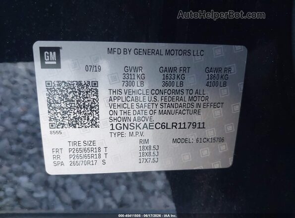 1GNSKAEC6LR117911 2020 CHEVROLET TAHOE Black Vista del compartimento del motor