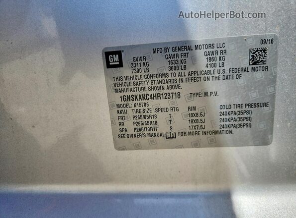 1GNSKAKC4HR123718 2017 CHEVROLET TAHOE Silver VIN კოდის სტიკერის ხედი