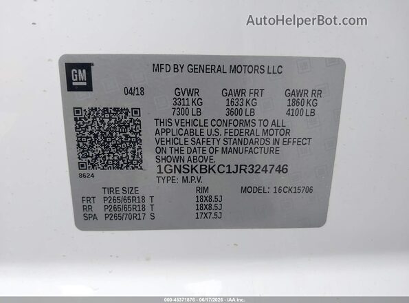 1GNSKBKC1JR324746 2018 CHEVROLET TAHOE White Engine compartment view