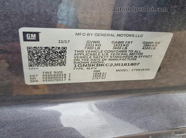 1GNSKBKC2JR181807 2018 CHEVROLET TAHOE Черный Вид наклейки с VIN-кодом