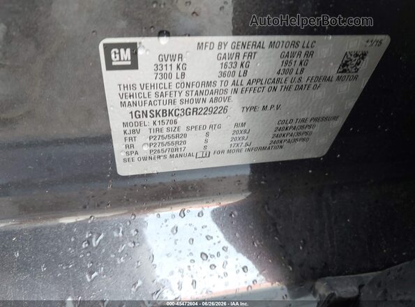 1GNSKBKC3GR229226 2016 CHEVROLET TAHOE Gray Engine compartment view