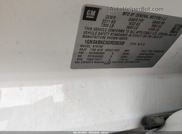 1GNSKBKC3GR236306 2016 CHEVROLET TAHOE White Engine compartment view