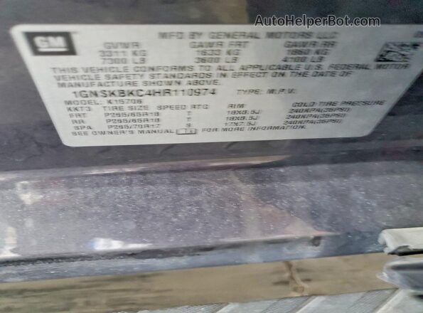 1GNSKBKC4HR110974 2017 CHEVROLET TAHOE Gray VIN կոդի պիտակի տեսք