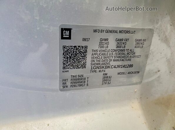 1GNSKBKC4JR141289 2018 CHEVROLET TAHOE Silver Widok naklejki z numerem VIN