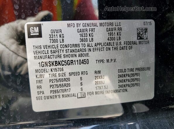 1GNSKBKC5GR110450 2016 CHEVROLET TAHOE Black VIN կոդի պիտակի տեսք