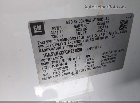 1GNSKBKC6GR221850 2016 CHEVROLET TAHOE White Շարժիչի բաժամունքի տեսք