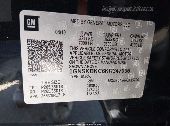 1GNSKBKC6KR347036 2019 CHEVROLET TAHOE Black Engine compartment view