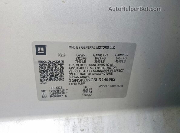 1GNSKBKC6LR149963 2020 CHEVROLET TAHOE Silver VIN კოდის სტიკერის ხედი