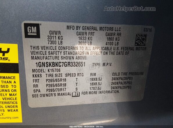 1GNSKBKC7GR332651 2016 CHEVROLET TAHOE Gray ძრავის განყოფილების ხედი