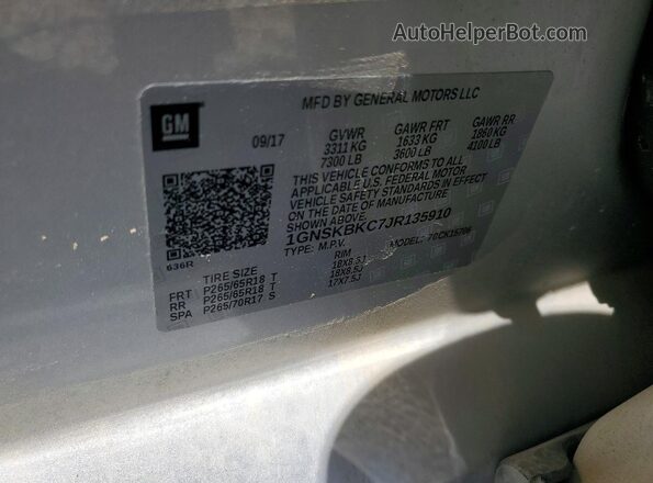 1GNSKBKC7JR135910 2018 CHEVROLET TAHOE Silver Vista interior de 360 grados