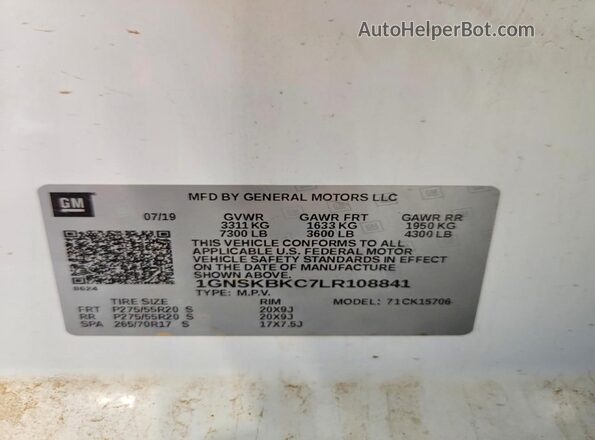 1GNSKBKC7LR108841 2020 CHEVROLET TAHOE Белый Вид наклейки с VIN-кодом