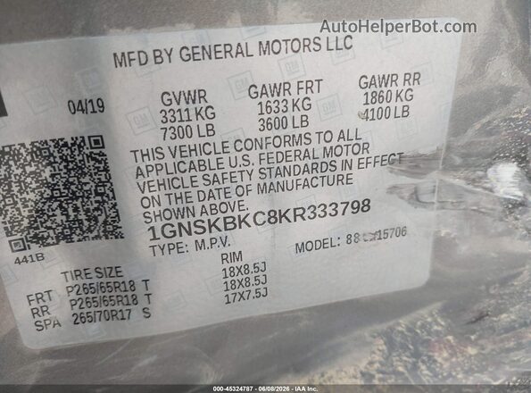 1GNSKBKC8KR333798 2019 CHEVROLET TAHOE Gray Widok komory silnika