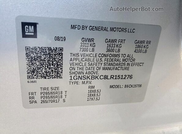 1GNSKBKC8LR151276 2020 CHEVROLET TAHOE Silver VIN sticker view