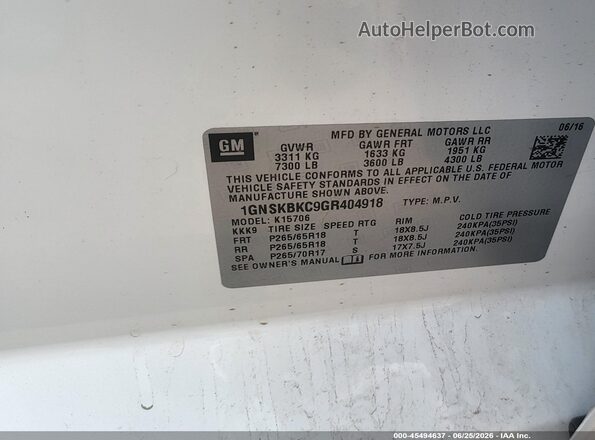 1GNSKBKC9GR404918 2016 CHEVROLET TAHOE White Vista del compartimento del motor