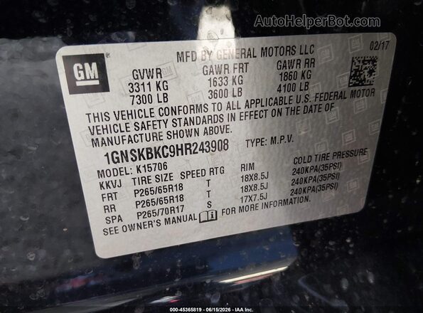 1GNSKBKC9HR243908 2017 CHEVROLET TAHOE Черный Вид подкапотного пространства
