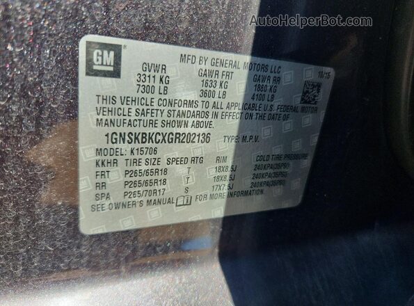 1GNSKBKCXGR202136 2016 CHEVROLET TAHOE Black Widok naklejki z numerem VIN