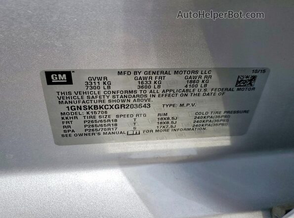 1GNSKBKCXGR203643 2016 CHEVROLET TAHOE Silver Widok naklejki z numerem VIN