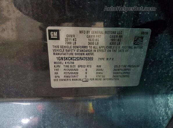 1GNSKCKC2GR476369 2016 CHEVROLET TAHOE Gray Widok naklejki z numerem VIN