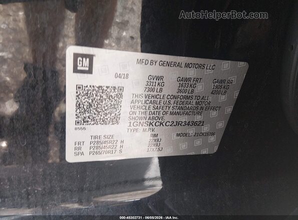 1GNSKCKC2JR343621 2018 CHEVROLET TAHOE Черный Вид подкапотного пространства