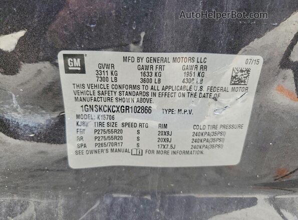 1GNSKCKCXGR102866 2016 CHEVROLET TAHOE Gray VIN sticker view
