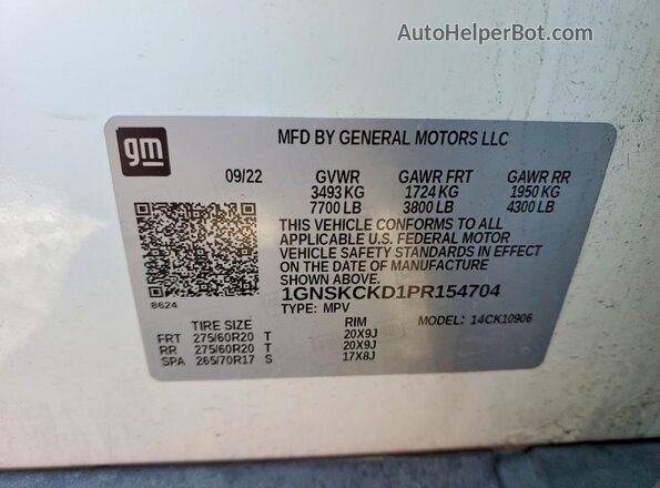1GNSKCKD1PR154704 2023 CHEVROLET SUBURBAN White VIN sticker view