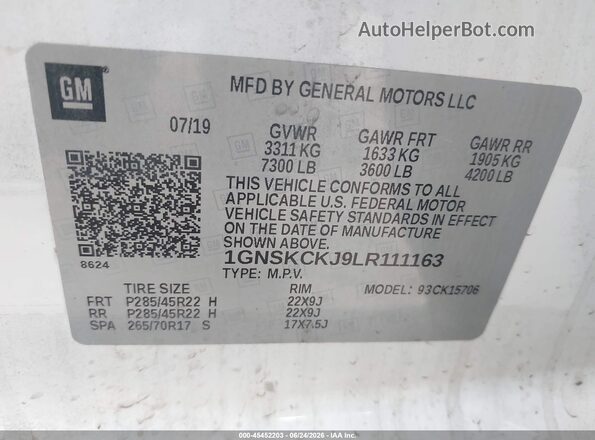 1GNSKCKJ9LR111163 2020 CHEVROLET TAHOE White Շարժիչի բաժամունքի տեսք