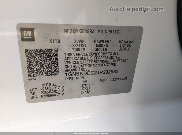 1GNSKDEC2JR232682 2018 CHEVROLET TAHOE White ძრავის განყოფილების ხედი
