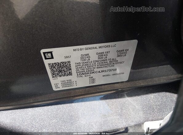 1GNSKDKC4JR173719 2018 CHEVROLET TAHOE Black Widok komory silnika